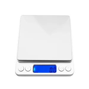 a white electronic scale with a blue screen